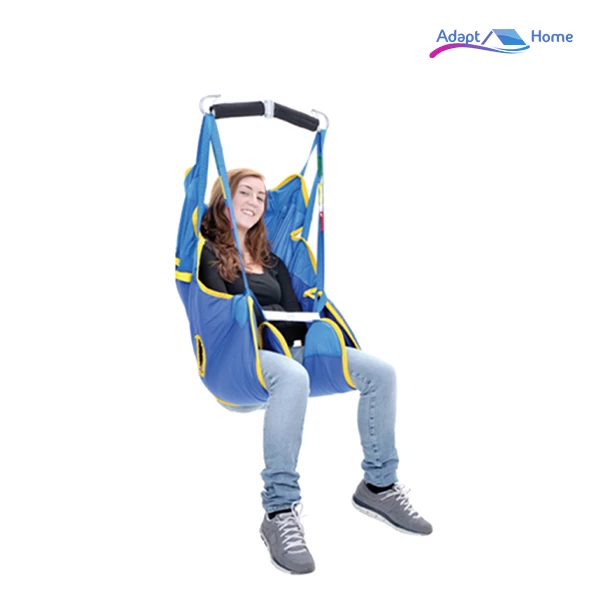 Woman sitting in a blue valet sling