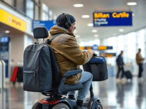Disabled traveller on mobility scooter at airport
